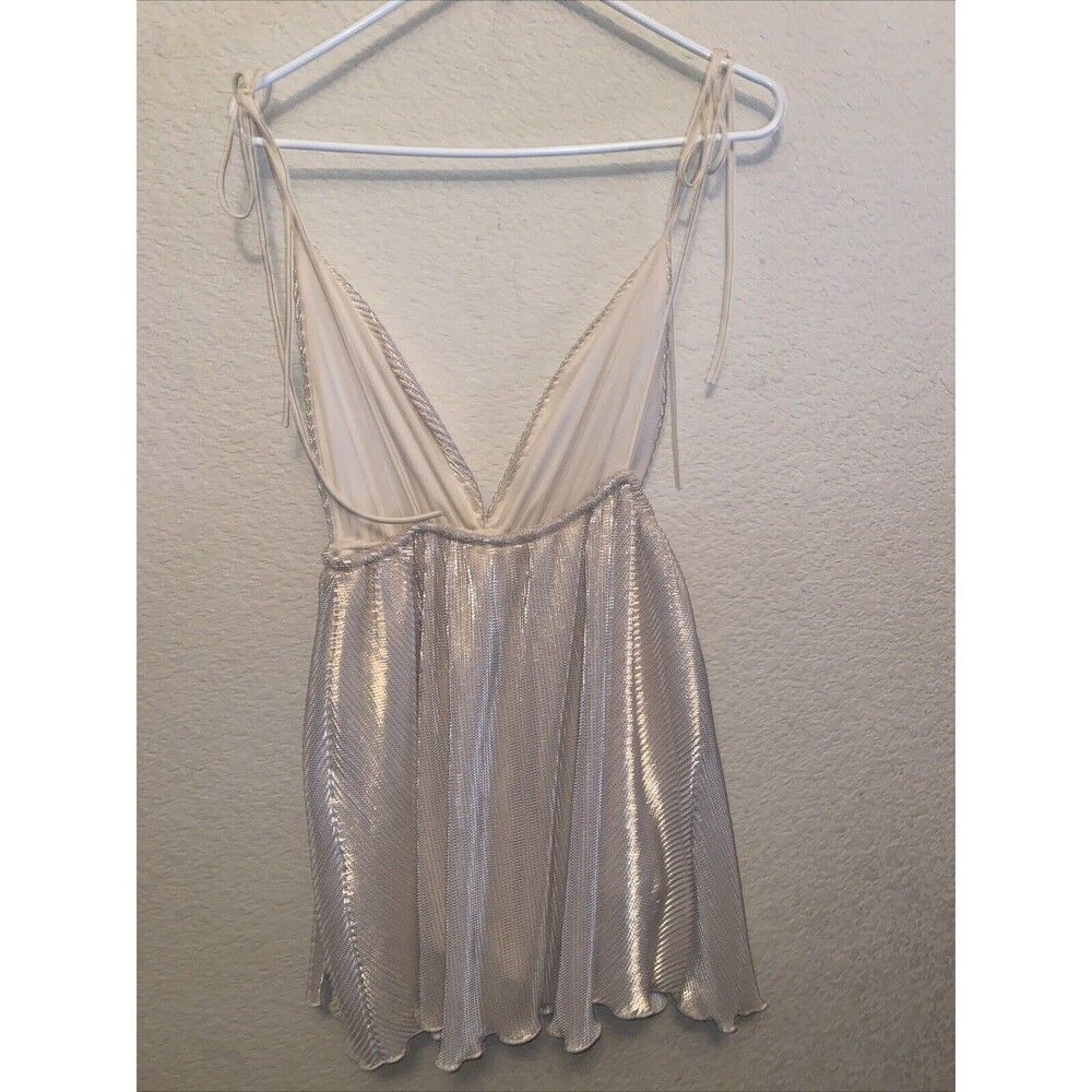 Lucy mini dress Shoulder Tie Gold Metallic Sexy HOCO pleated L fairy prom club - Picture 8 of 12